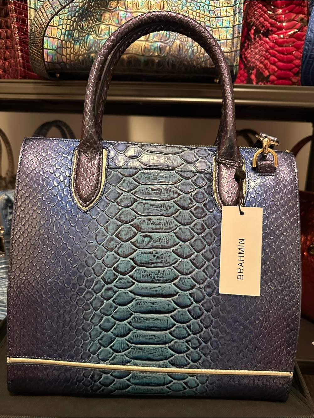 GREAT PRICE Brahmin Sapphire Blue Iridescent Blue/Green/ Purple Satchel - Picture 6 of 14